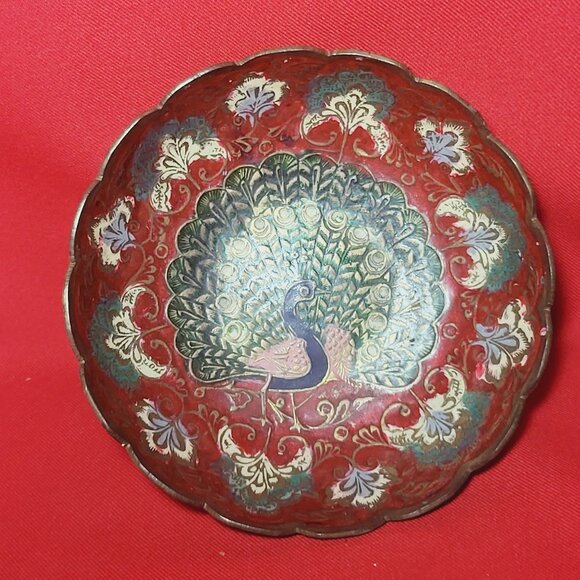 Vintage Indian Etched Brass Metal Peacock Pedestal Red Bowl Trinket Dish - Picture 6 of 11